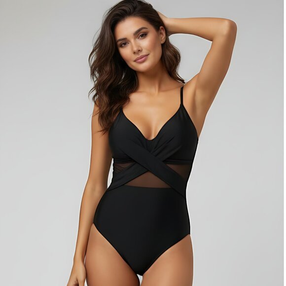 Black Contrast Mesh Wrap Front One Piece Swimsuit* - Picture 4 of 6